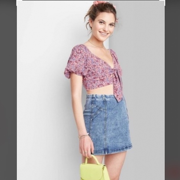 3/15 Wild Fable Pink Floral Puff Sleeve Crop Top Tied Front - Picture 1 of 4